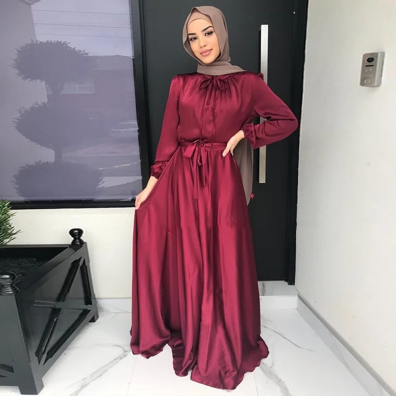 

Ramadan Eid Satin Hijab Dress Dubai Abaya Turkey Muslim Fashion Maxi Dresses for Women Islamic Clothing