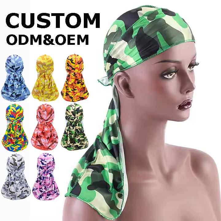 Wholesale Custom Logo Mens Hip Hop Camo Designer Satin Durags with Sunscreen Protection Extra Long Headwraps for All Seasons