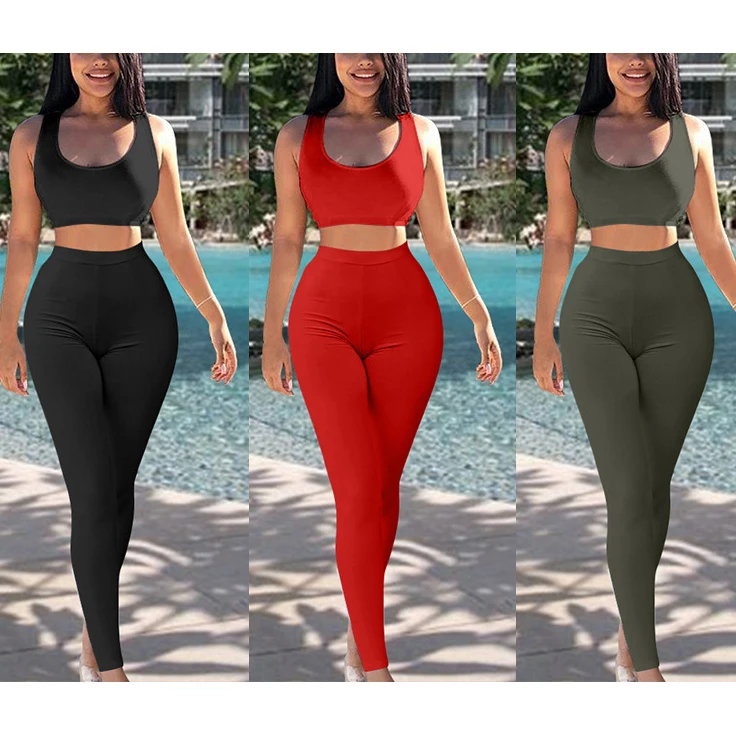

FS1724D women sleeveless Tank top and long pants two pieces sets bodycon clothing