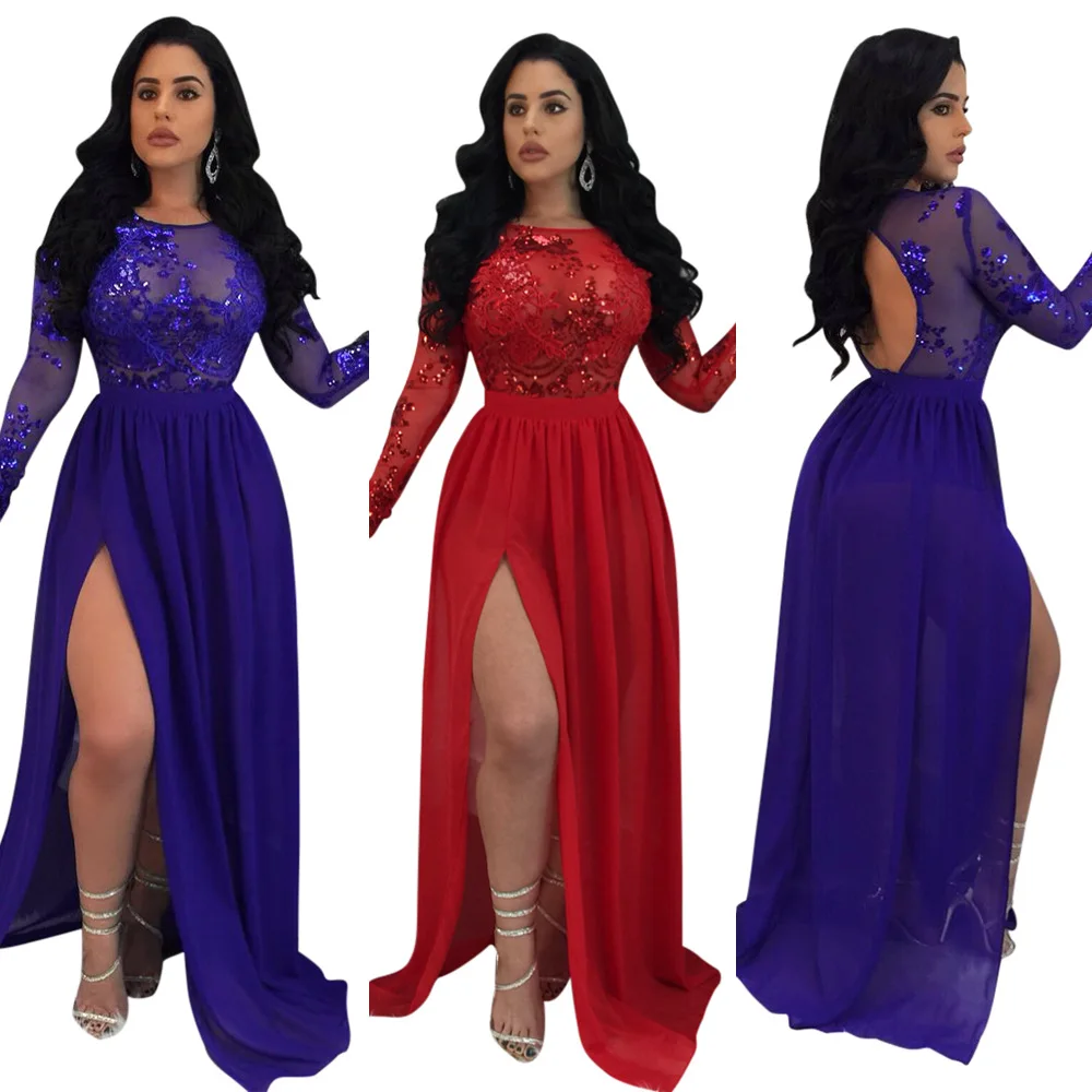 

Sexy Open Back See Through Sequins Night Club Dress O Neck Long Sleeve High Slit Maxi Evening Party Dresses Vestidos, Can be customized