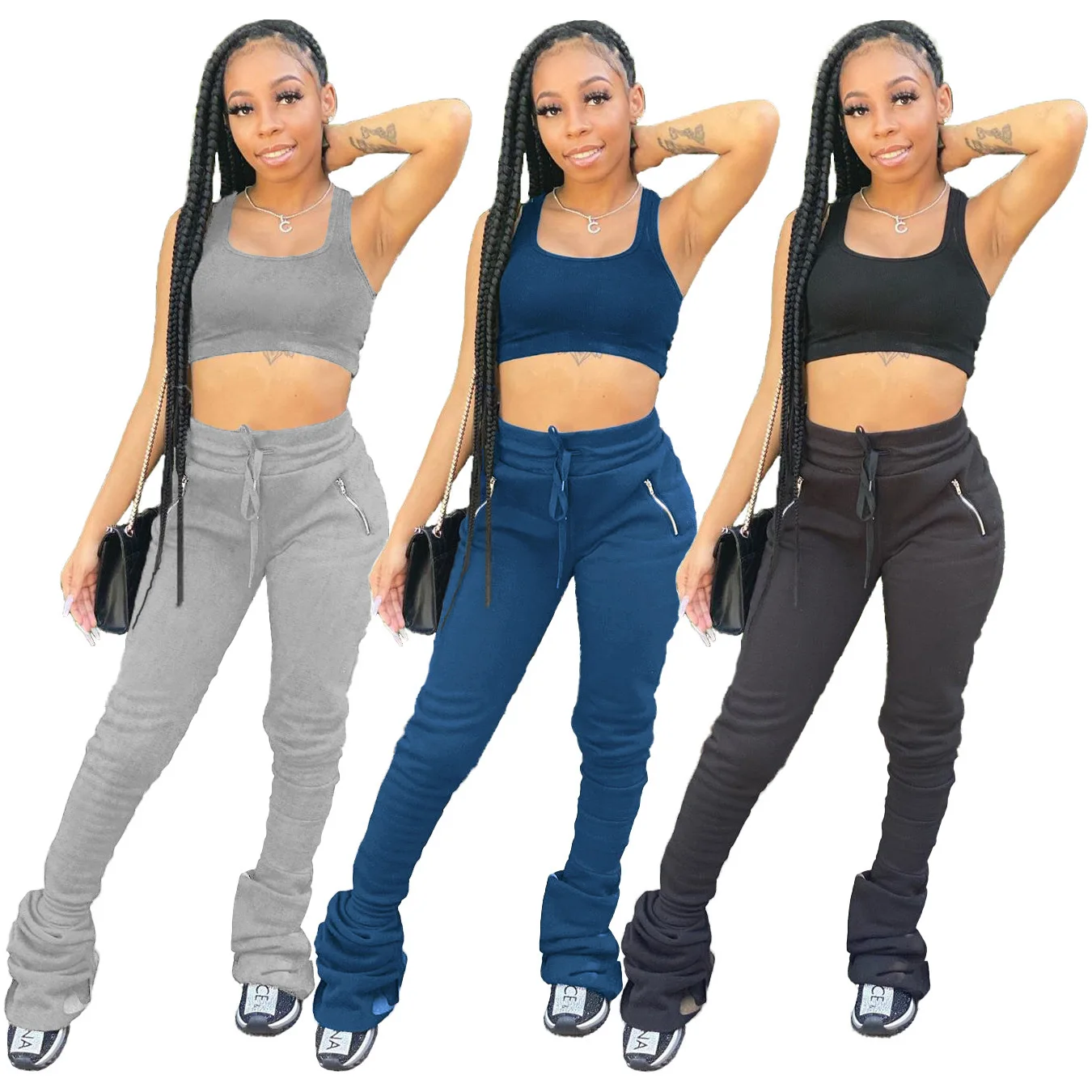 

Fashion Summer Sweatpants Solid Color High Waist Ruched Pants Women Trousers Stacked Leggings Split Pants, As picture