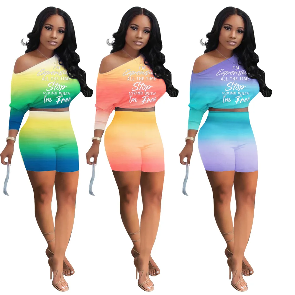 

Sexy Fashion Casual 2 Piece Set Women One Shoulder Long Bat Sleeve Strapless Gradient Summer 2021 Short Sets Women Two Piece
