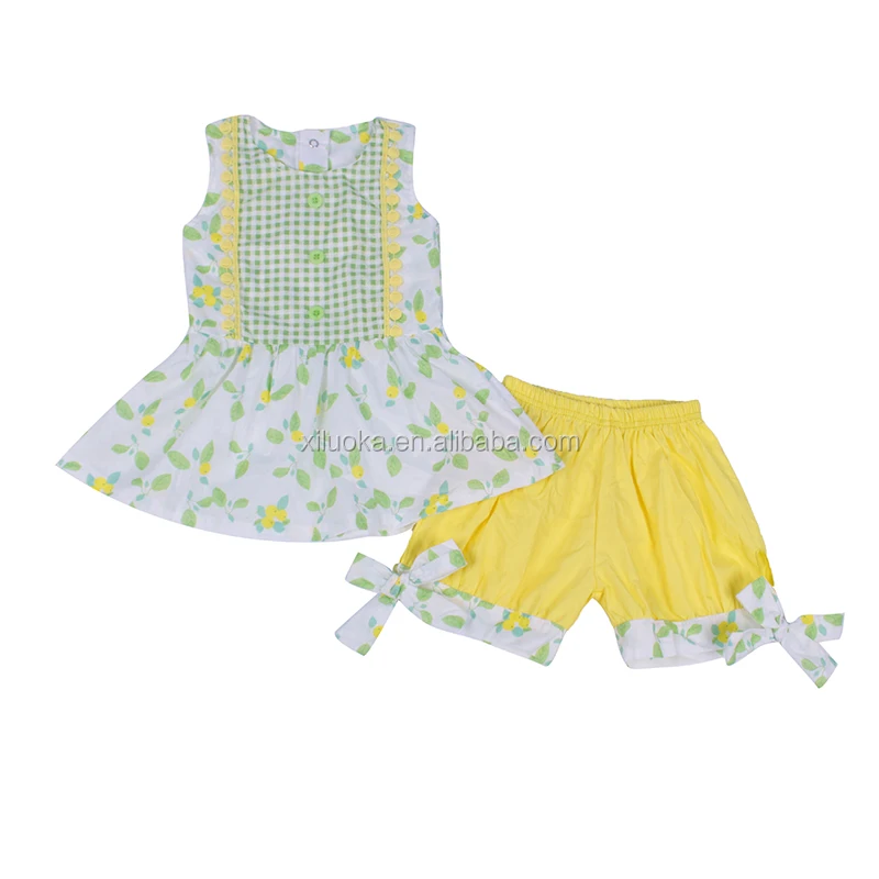 

New Fashion Fabric Children Clothing Set Sleeveless Sets Green Leaves Wholesale Outfits, Picture