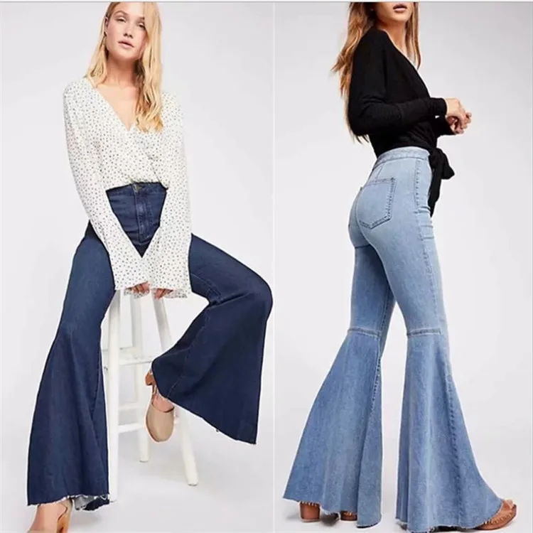 

High Quality Girls Fall Boutique Outfit Jean Trousers Trendy Small Slim Fit Soft Stretch Large Bell Bottom Women Flare Leg Jeans, Dark blue, black,light blue