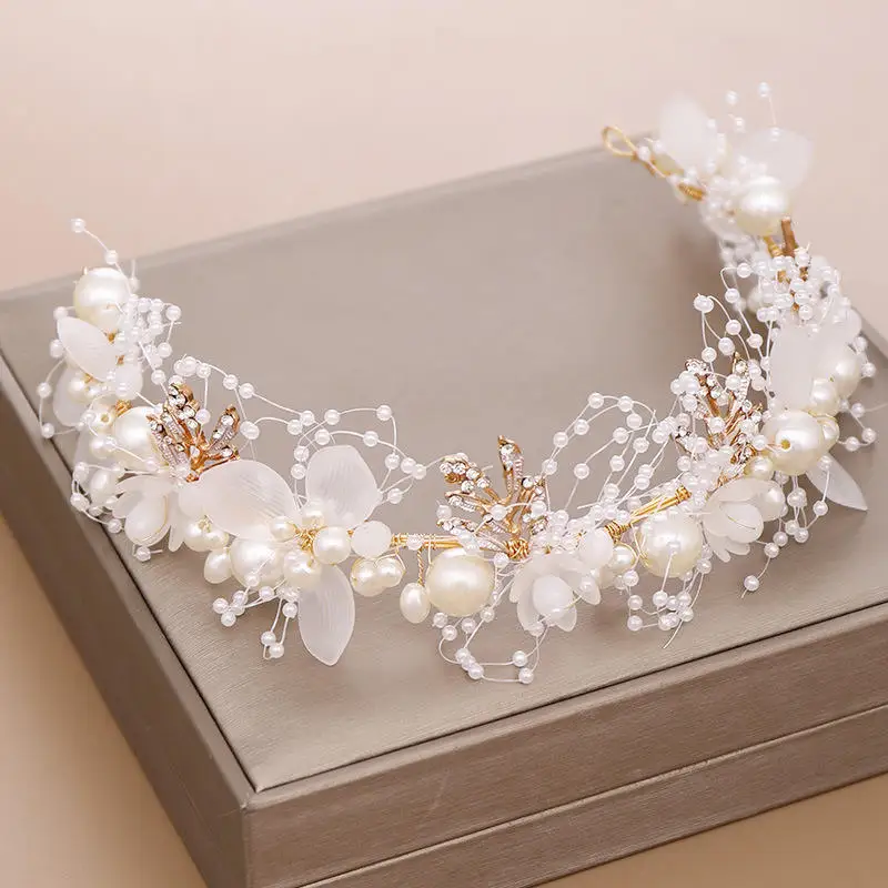 

Gold Wedding Headband Bohemian Headpiece Crystal Pearl Hair Vine Flower Halo Bridal Hair Accessories, Golden