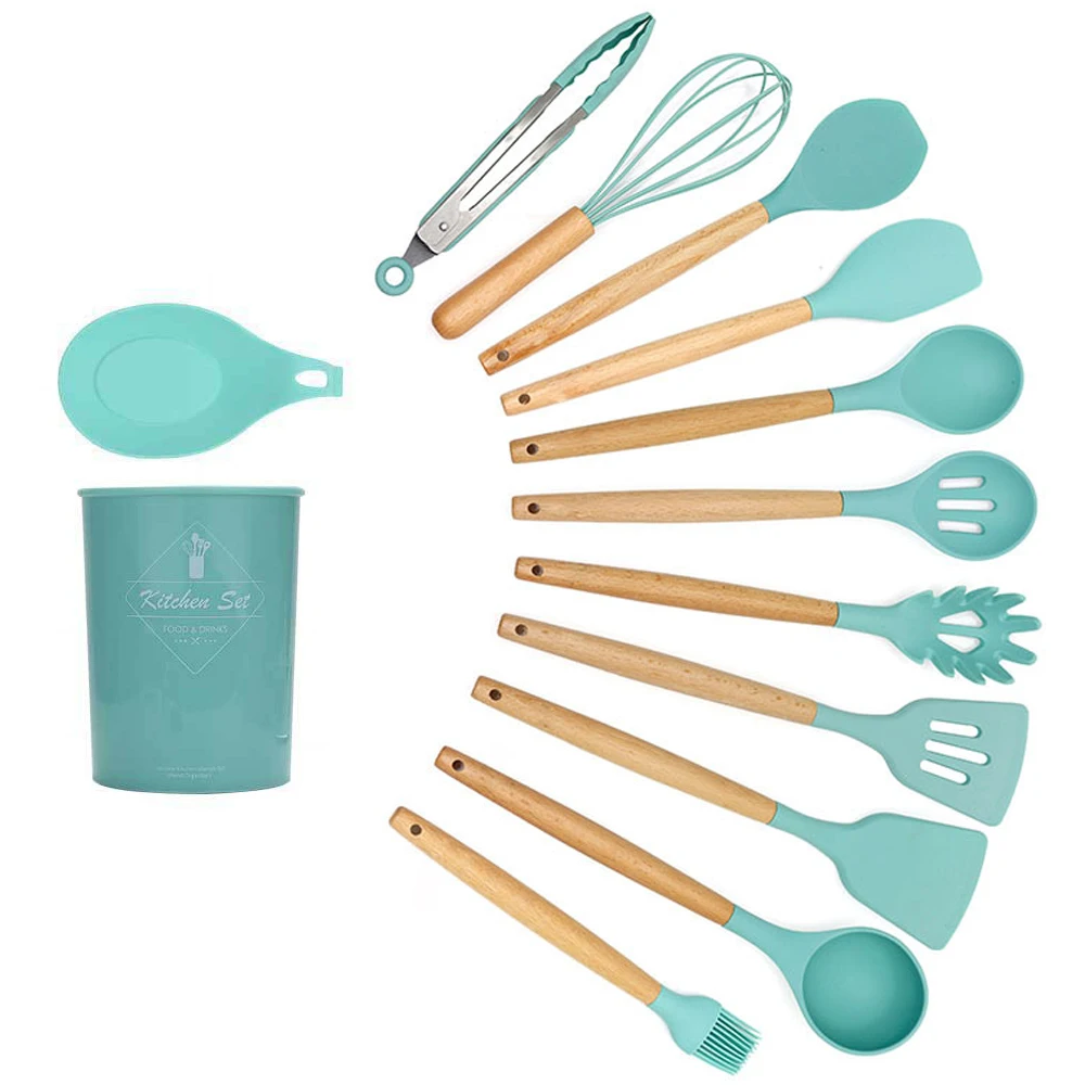 

11 Piece wholesale Silicone Camping outdoor Kitchen WoodCooking Utensil Set Pink Non-stick Tool Gadget Accessories Set, Custom