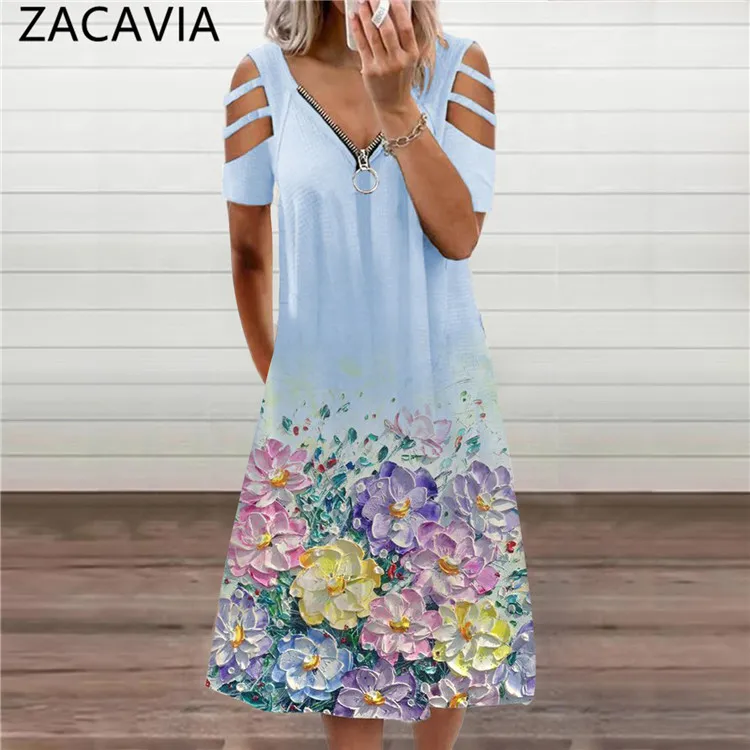 

ZACAVIA Summer 2021 Women's Zippered V-neck Dress Women Dress, As pictures