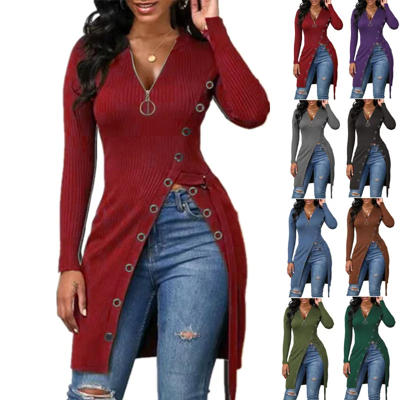 

China Seller Plus Size Long Sleeve Shirt Women V-Neck Side Slit Thread Rib Knit Top, Red, purple, gray, black, blue, brown, army green, dark green