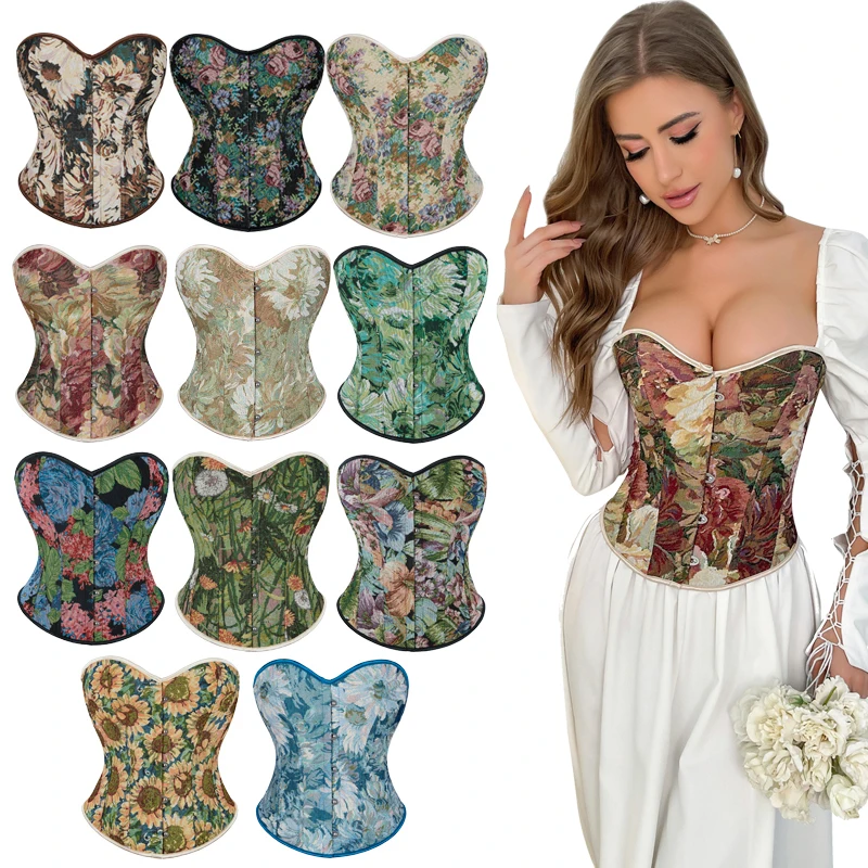 Women's New Fashion Retro Vintage Floral Overbust Denim Corset Bustier Top