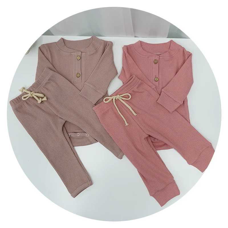 

Wholesale Autumn Ribbed Long Sleeve Newborn Baby Clothes Sets Outfits Baby Clothing Sets