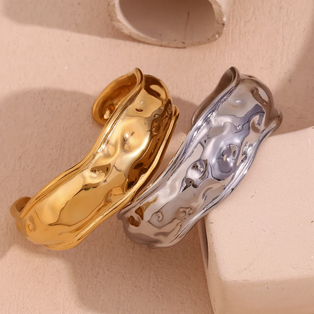 Dropshipping Water Wave Chunky Bangle Statement Jewelry Wide Gold Plated Cuff Bangle Stainless Steel Jewelry