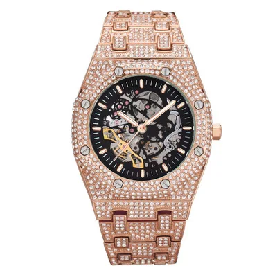 

Bling Hip Hop Gold Full Diamond Iced Out Watch Luxury Waterproof Skeleton Mechanical Mens Automatic Watch, Multiple color options