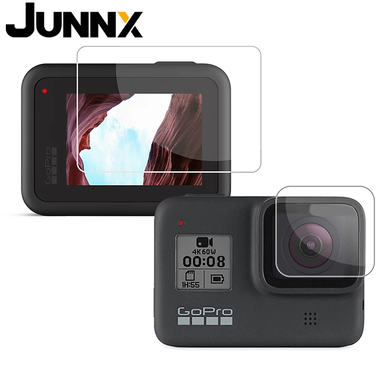 

JUNNX Anti-fingerprint Front Back Protective Tempered Glass LCD Screen Protector Go Pro 8 Camera Film for Gopro Hero 8 Black