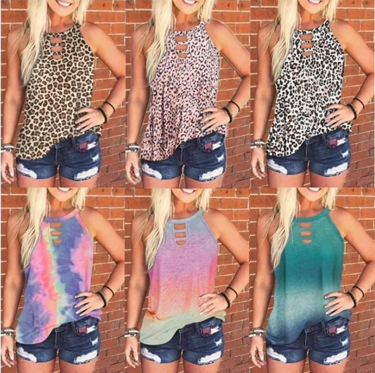 

Ready to Ship Fashion Wholesale Women Sleeveless Summer Ombre Tie Dye Leopard Cut Out Tank Top Women Boutique Clothes, As shown