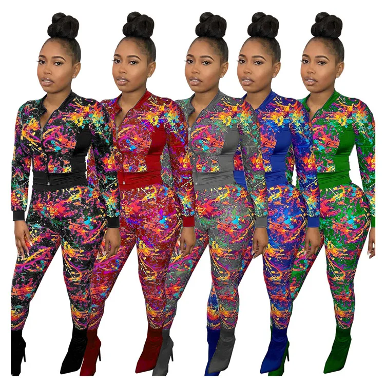 

Fashion sexy sports stitching long-sleeved tie-dye printing suit two-piece, Accept custom made color