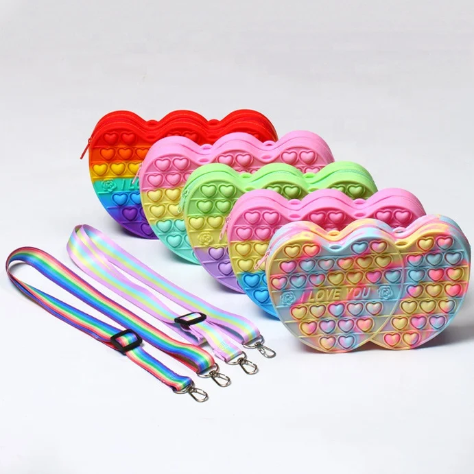 

2022 Hot Sale New Design Silicone Heart Shape Rainbow Bubble Mini Coin Wallet Purse For Children, Picture