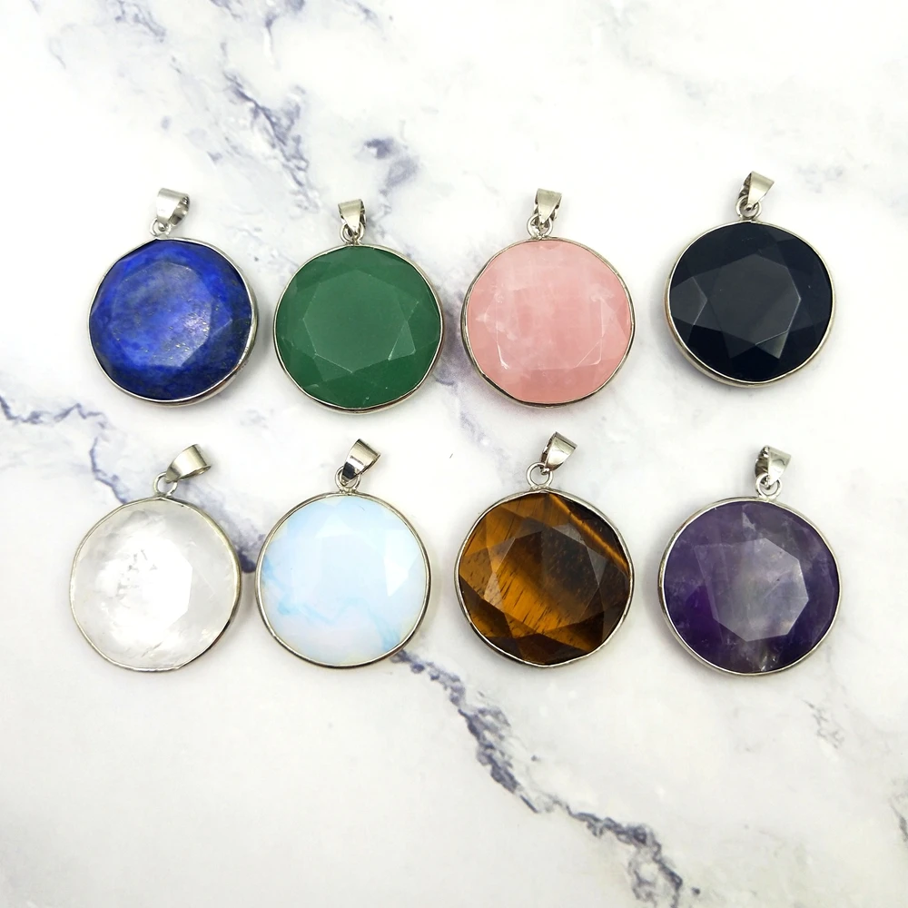 

High Quality Round Shape Natural Stone Pendant Lapis Crystal Rose Quartz Bezel Charms Gemstone Necklace DIY Jewelry Accessories, As picture shows