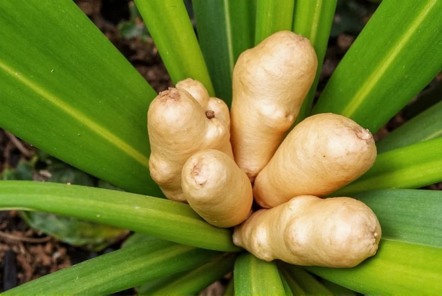 Step-by-step visual guide showing ginger rhizome preparation, planting depth, and growth stages