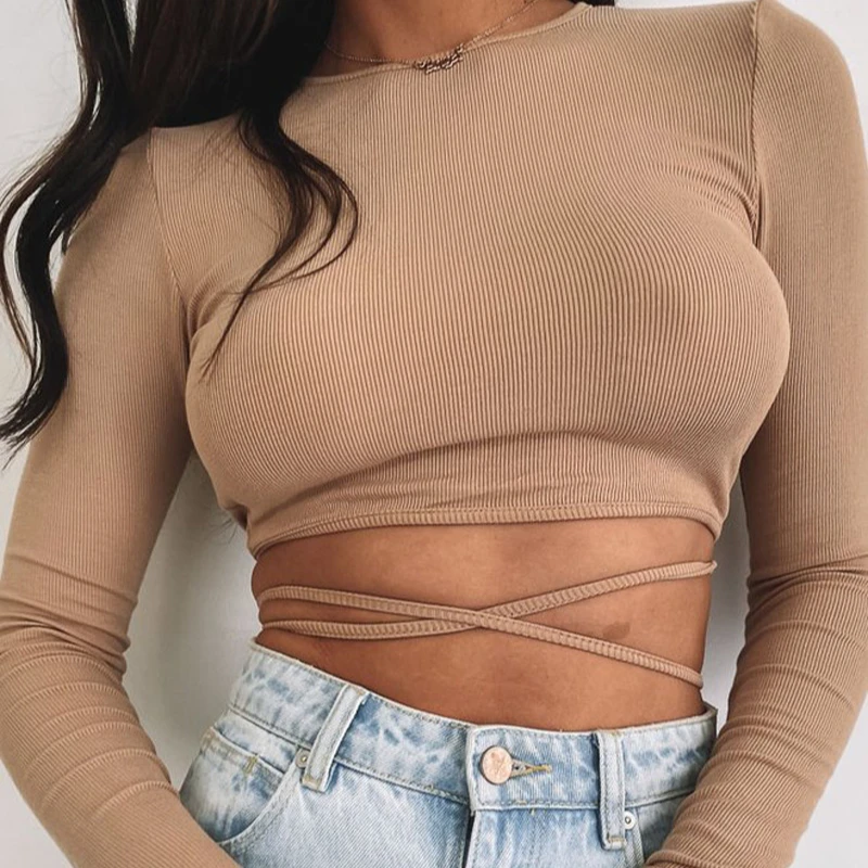 

2021 spring Womens Sexy Solid Color Hollowed-out Top Round Neck Long Sleeve Slim Backless Lace-up Midriff-baring Pullover, Black, white, red, gray