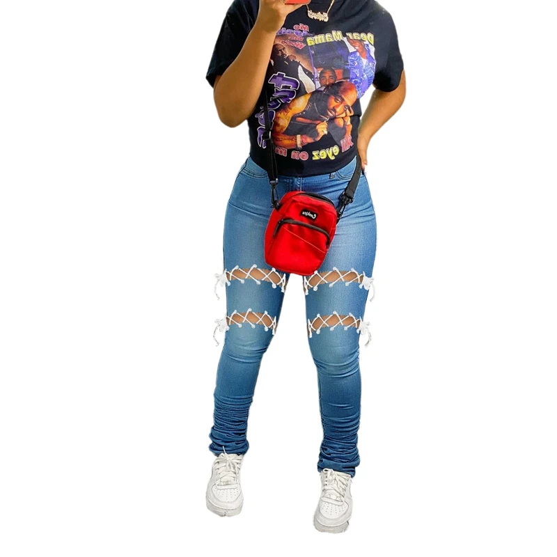 

Classic 4 Color Ladies Cross Bandage Hollow Out High Waist Stacked Denim Women's Jeans