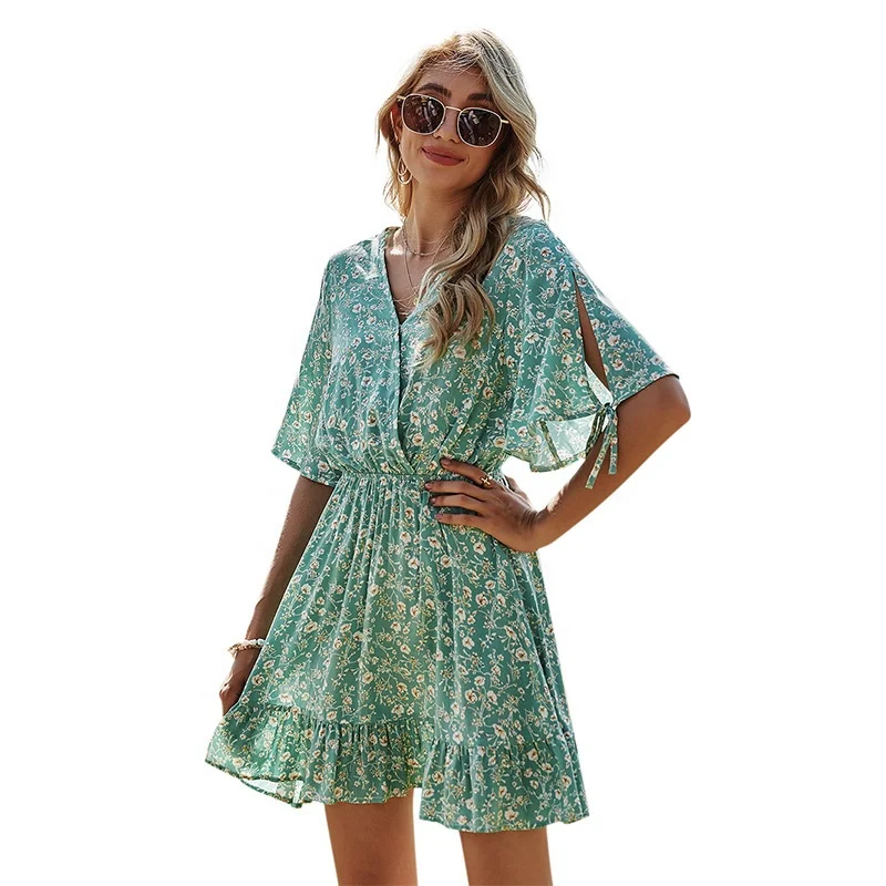 

2021 summer new elastic waist V-neck short-sleeved floral dress