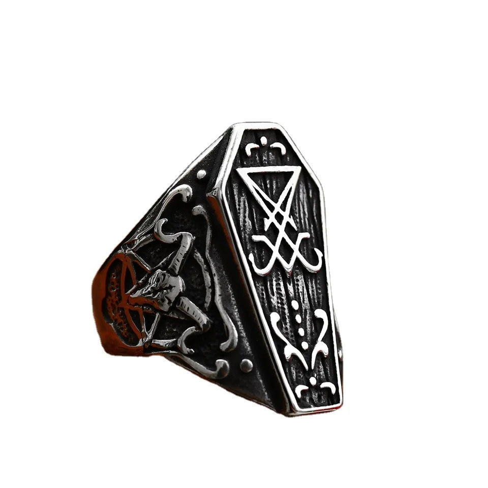 

SS8-1164R 2023 New Special Design Stainless Steel Coffin Ring Lucifer Satan Signet Ring Punk Cool Ring For Men Vintage Jewelry