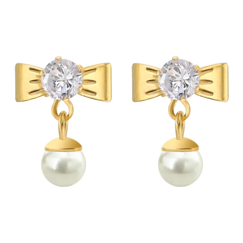 

Korean Temperament All-Match New Studs Stainless Steel Long Pearl Butterfly Pendant Zircon Earrings Women, Picture