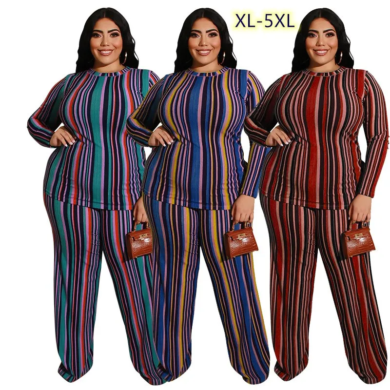 

Striped printed knitted fashion casual suit plus size women's clothing