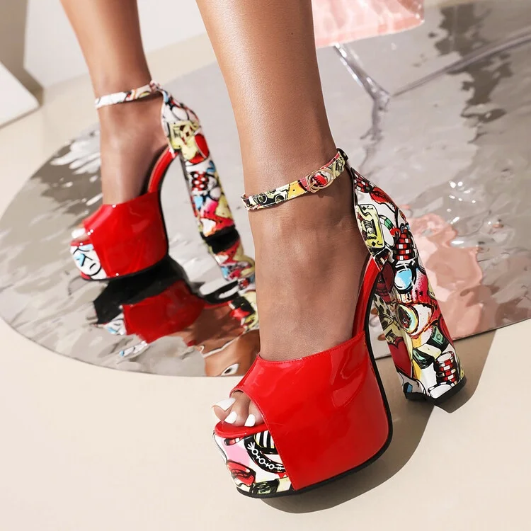 

Dropshipping Cartoon Pattern Waterproof Platform Peep Toe Women's Sandals Chunky Heel Buckle Strap Party Dress High Heels