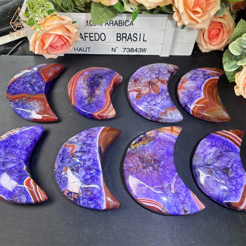 Kindfull Wholesale Crystal Gemstone Polished Stone Purple Dyed Sardonyx Moon Healing Crystal Moons for Decoration