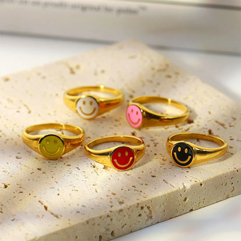 

Classic Style Candy Color Summer Stainless Steel Gold Plated Happy Smiley Face Enamel Ring Set For Kids Girls