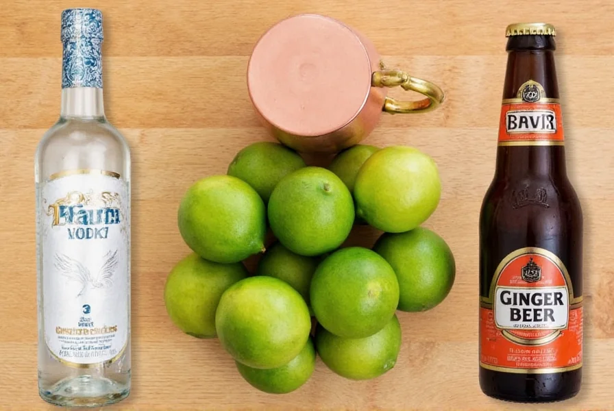 Moscow Mule ingredients: vodka bottle, fresh limes, and ginger beer bottle arranged on wooden surface