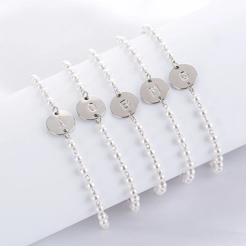 

Popular Initial Bracelet 2020 Custom Women's Jewelry Pearl Beaded Chain Bracelet with Letter Pendant, 2 colors