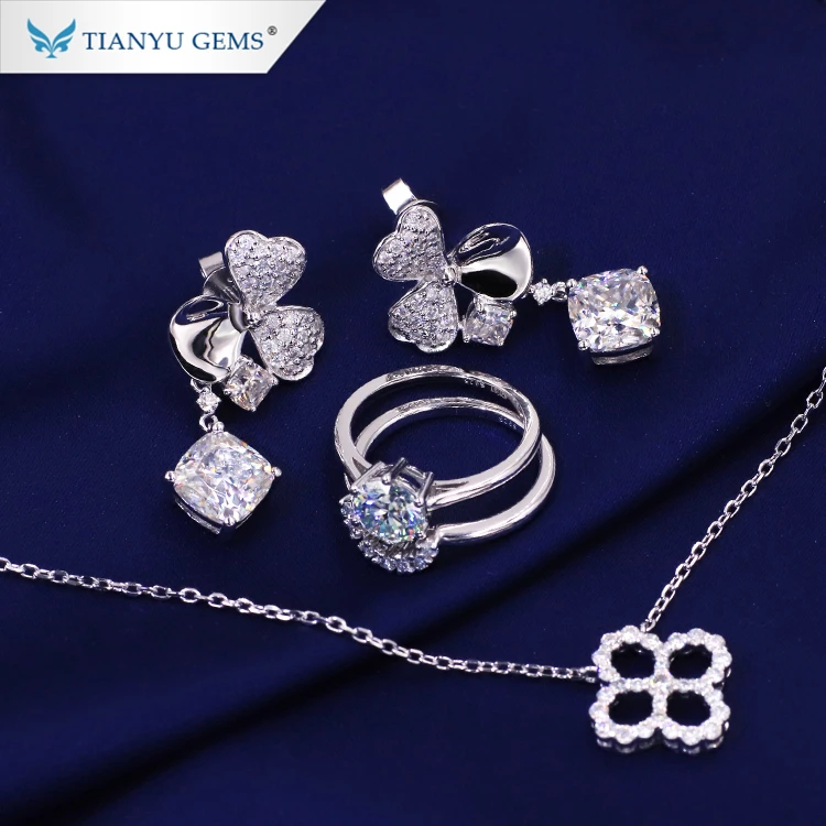 Tianyu sterling silver 925 white gold plated moissanite ring necklace earring women bridal wedding jewelry set