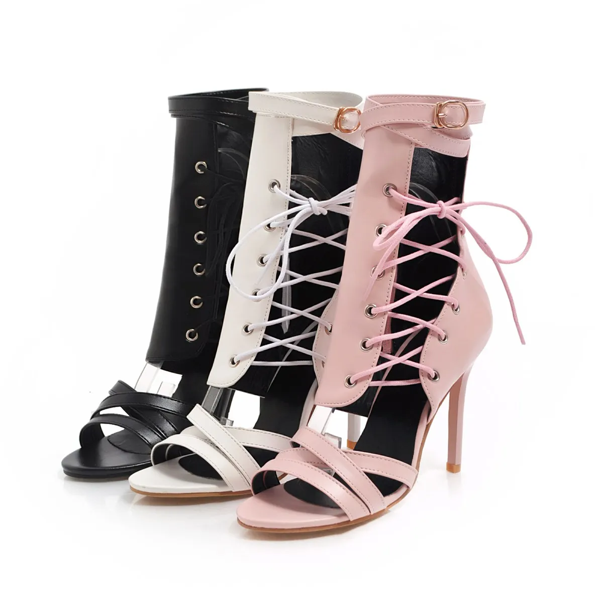 

Women's Stylish Open Toe Lace Up Boots Cutout Strappy Stiletto High Heel Leather Sandal Booties, Black/white/pink