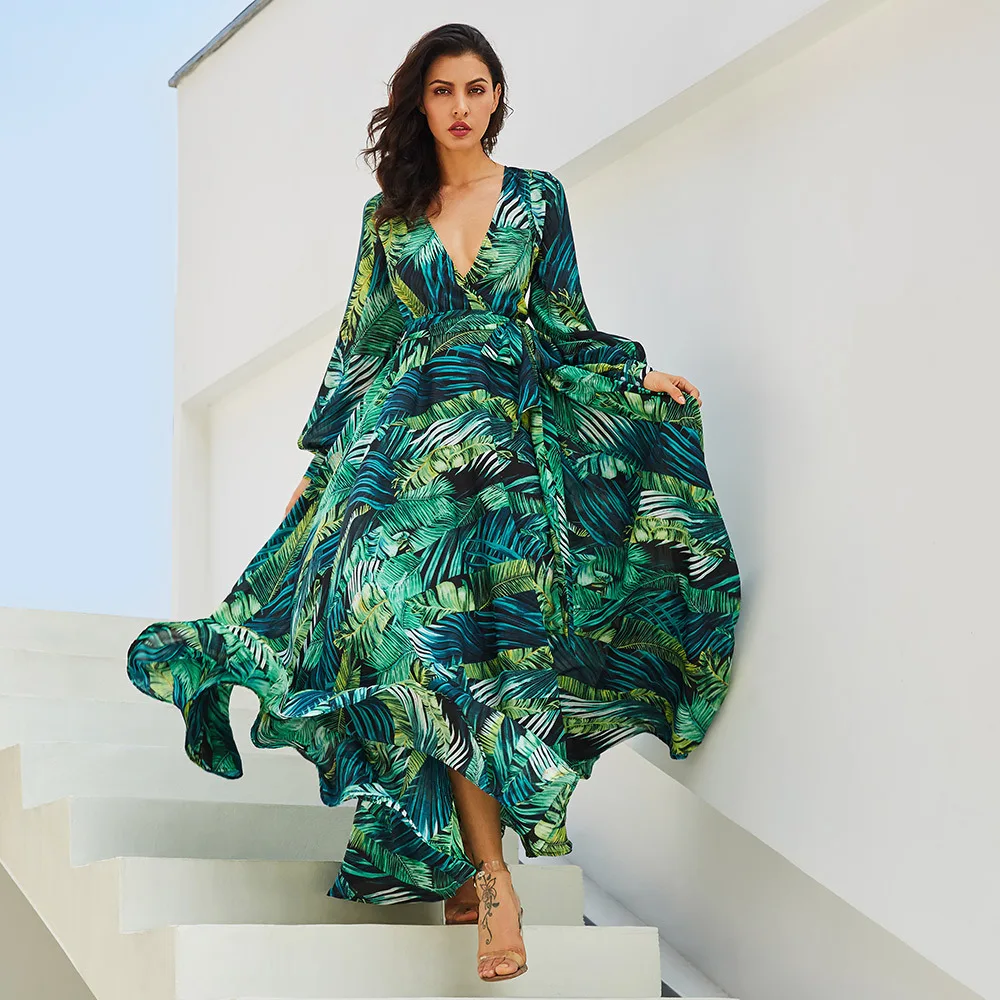 

Vestido Floral Print Boho Maxi Dress Sexy Lady Bohemian Summer Lantern Sleeve Long Dress Women Beach Dress Female Big Hem Robes