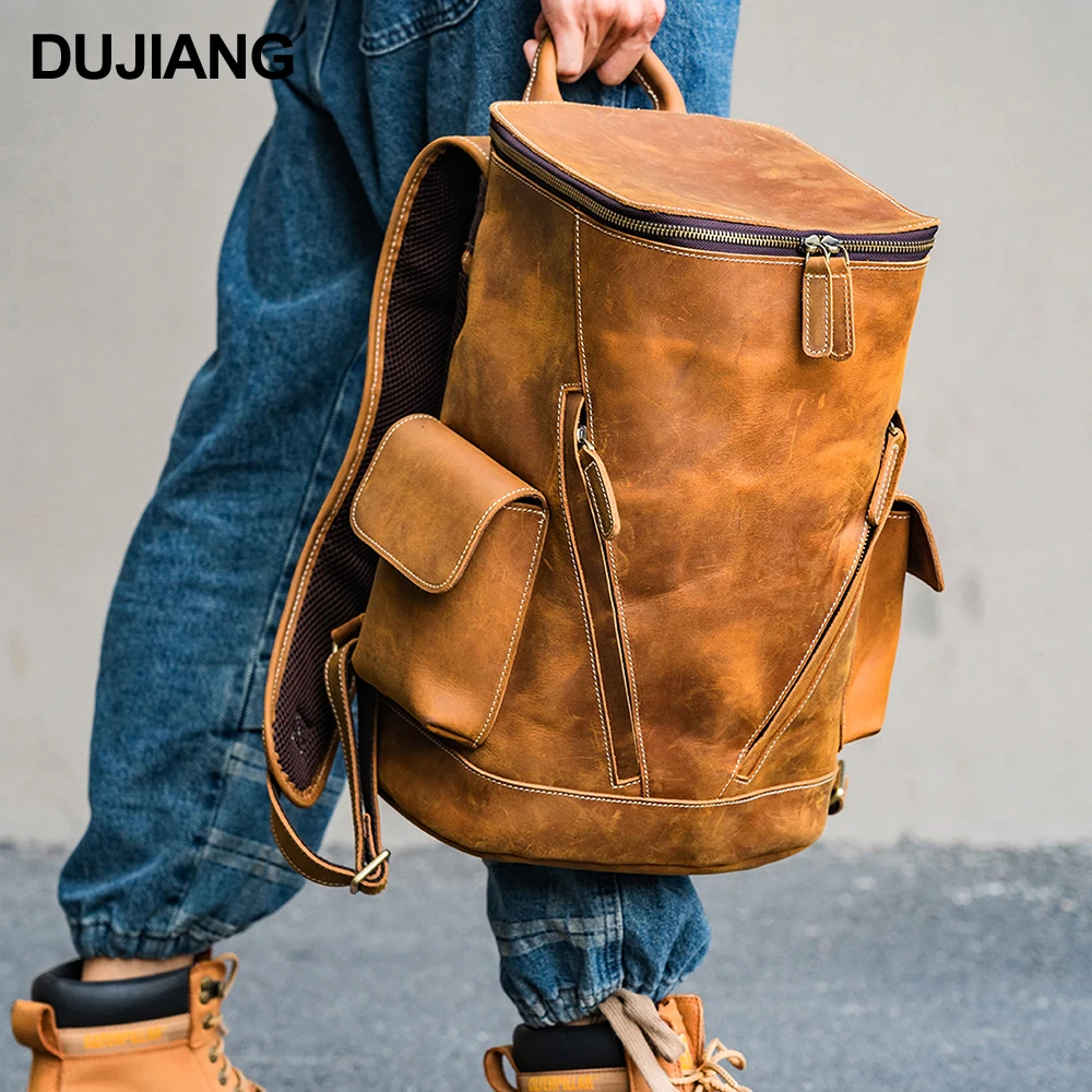 

Luxury Handmade Large Outdoor Hiking School Travel Back Pack Bags Crazy Horse Leather Laptop Men's Backpack, Coffee,brown