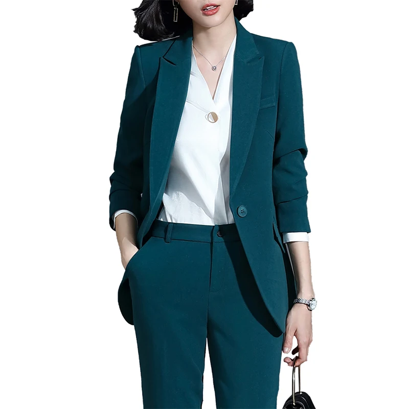 

Wholesale Dropship Green Single Button 2 Piece Suit Set for Women Ankle-length Solid Pant Suit Work Wear Office Lady Style, Beige, green, black