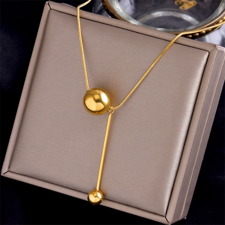 

Hot Selling New Simple Fashion Jewelry Luxury Titanium Steel Gold Plated Double Bead Pendant Necklace Women