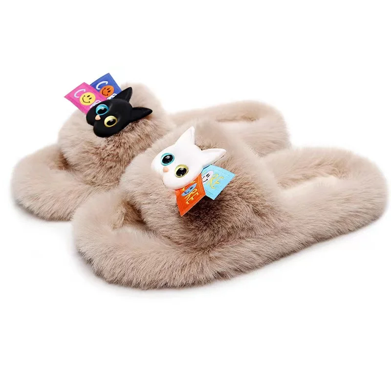 

Autumn and winter new furry slippers female Korean open-toed flip flops home wooden floor soft bottom non-slip cotton slippers, Customized color