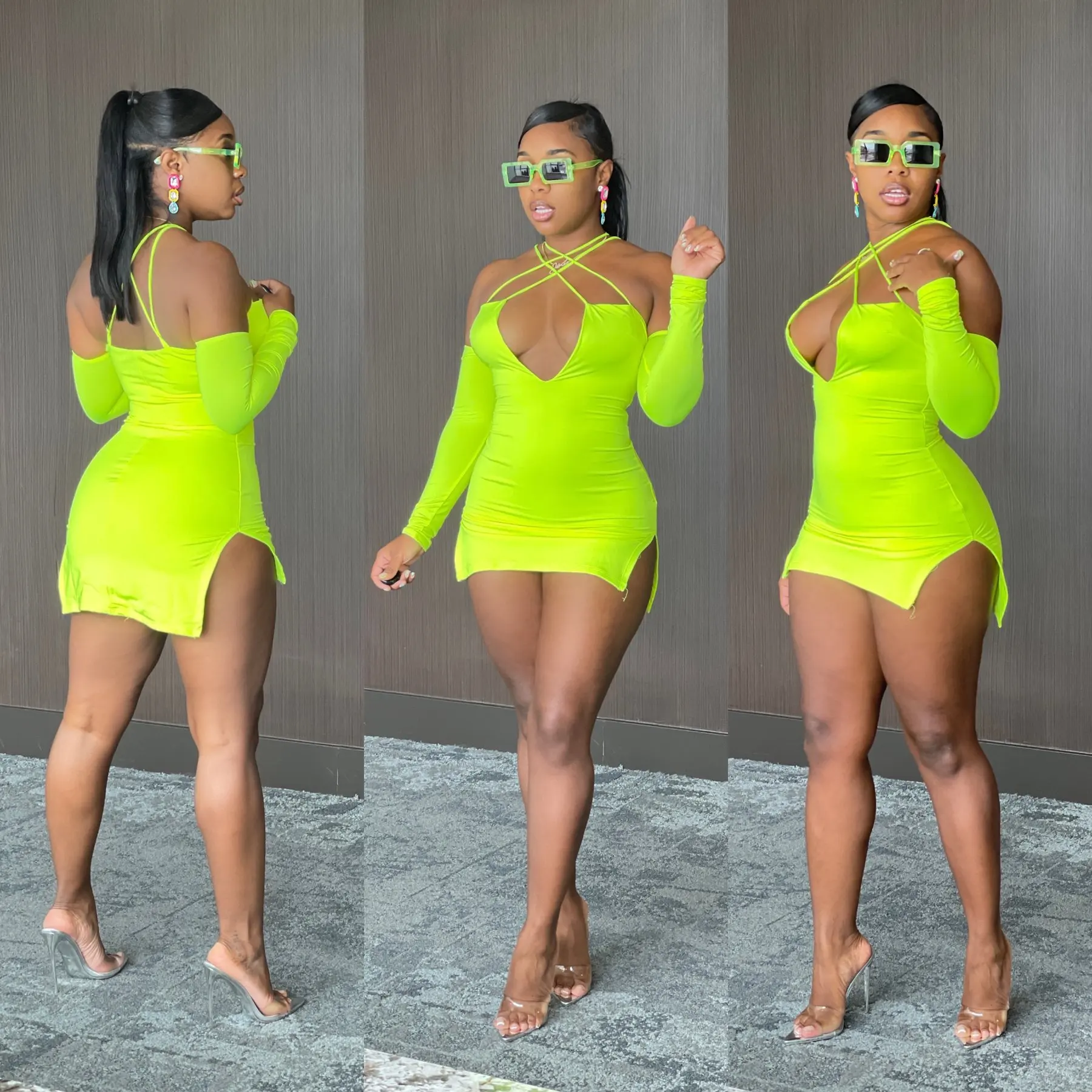 

Women Tops Fashionable Sun Halter Birthday Dresses Women Long Sleeves Casual Tank Top Dress Sexy Night Club Mini Bandage Dress