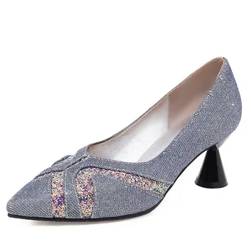 时尚亮片尖头浅口女士大码高跟鞋时装鞋