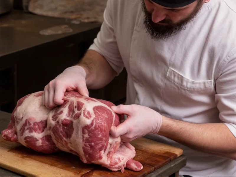 Artisan butcher demonstrating feather blade trimming technique