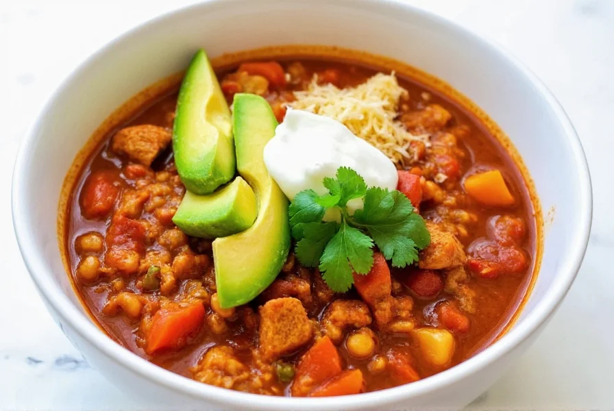 Finished chicken chili in white bowl with toppings including avocado slices, sour cream, and fresh cilantro