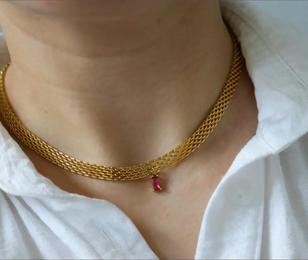 

Vintage Jewelry 18k Gold Retro Gift Gemstone Birthstone Necklace Stainless Steel Zircon Stone Necklace Mesh Choker Necklace