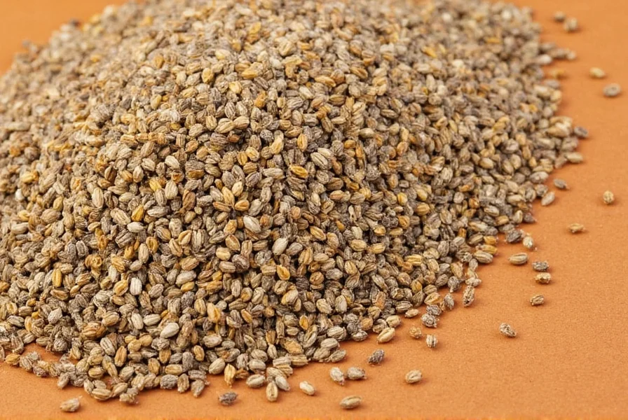 Close-up of cumin seeds next to phonetic pronunciation guide KOO-min