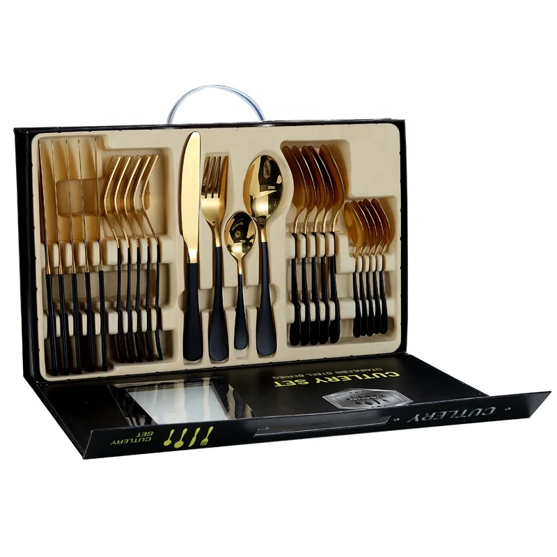 

24 Pieces Stainless Steel 1010 Cutlery Set Gold And Black Cutlery Box Set China Jieyang Cutlery Manufacturer, Gold + white, black, pink, red, blue, green