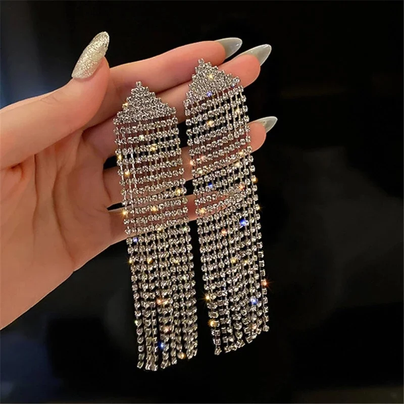 

Kaimei Fashion Jewelry Accessorie Long Tassel Full Rhinestone Drop Earrings for Women Triangle Geometric Crystal Dangle Earrings, Many colors fyi