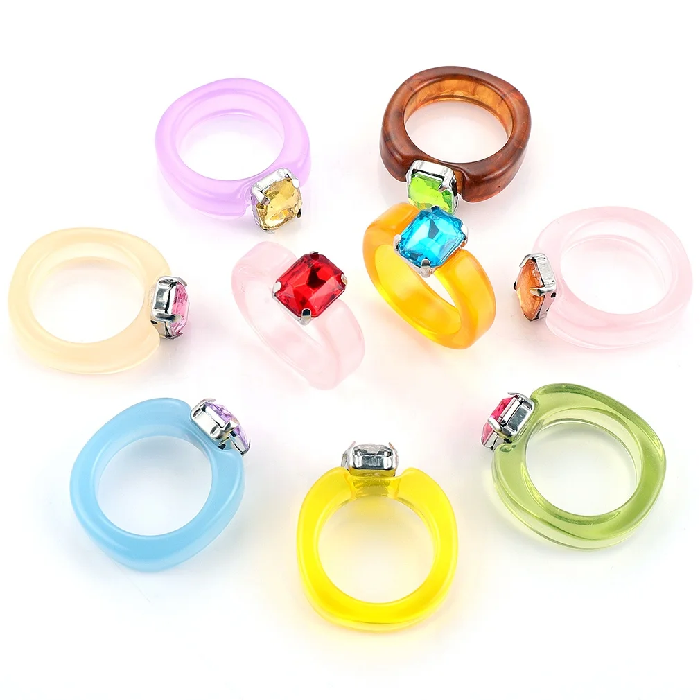 

Ins Fashionable Transparent Gemstone Acrylic Rings Colorful Diamond Acrylic Resin Ring Translucent Jelly Finger Ring