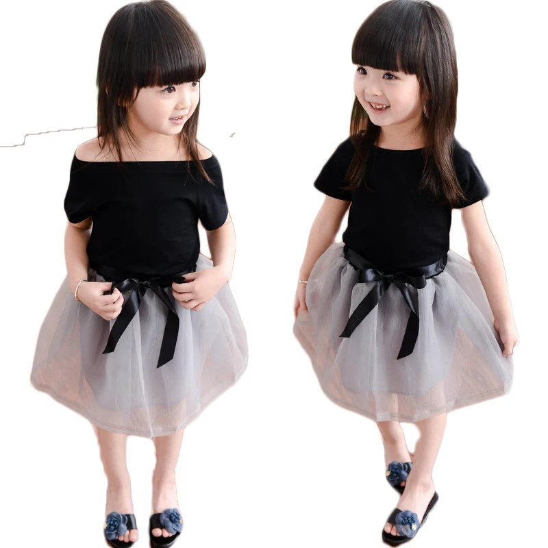 

Summer korean new children solid color bow decoration short round neck T-shirt skirt two pieces kids girl clothes